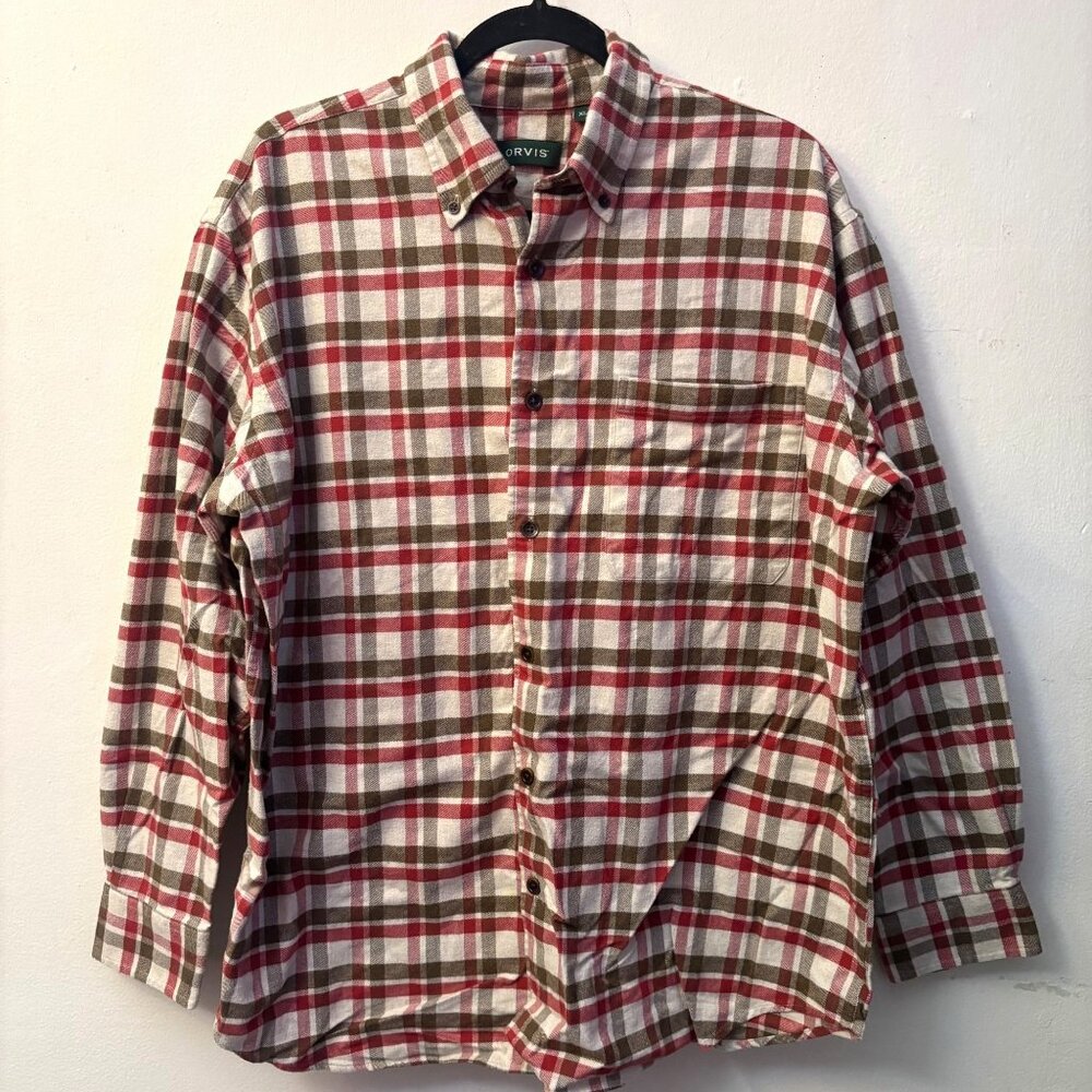 Orvis Lodge Flannel Shirt XL Plaid Collared Button Up 100% Cotton Gorpcore